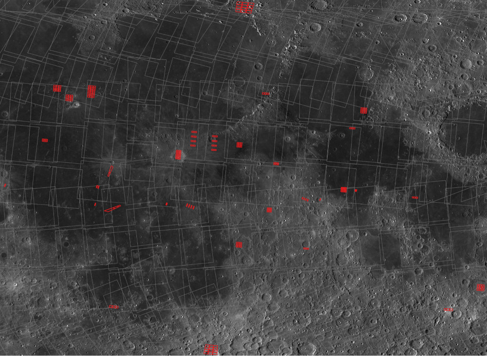 Footprints of the high-resolution Lunar Orbiter Images shown on top of a global mosaic of the moon.