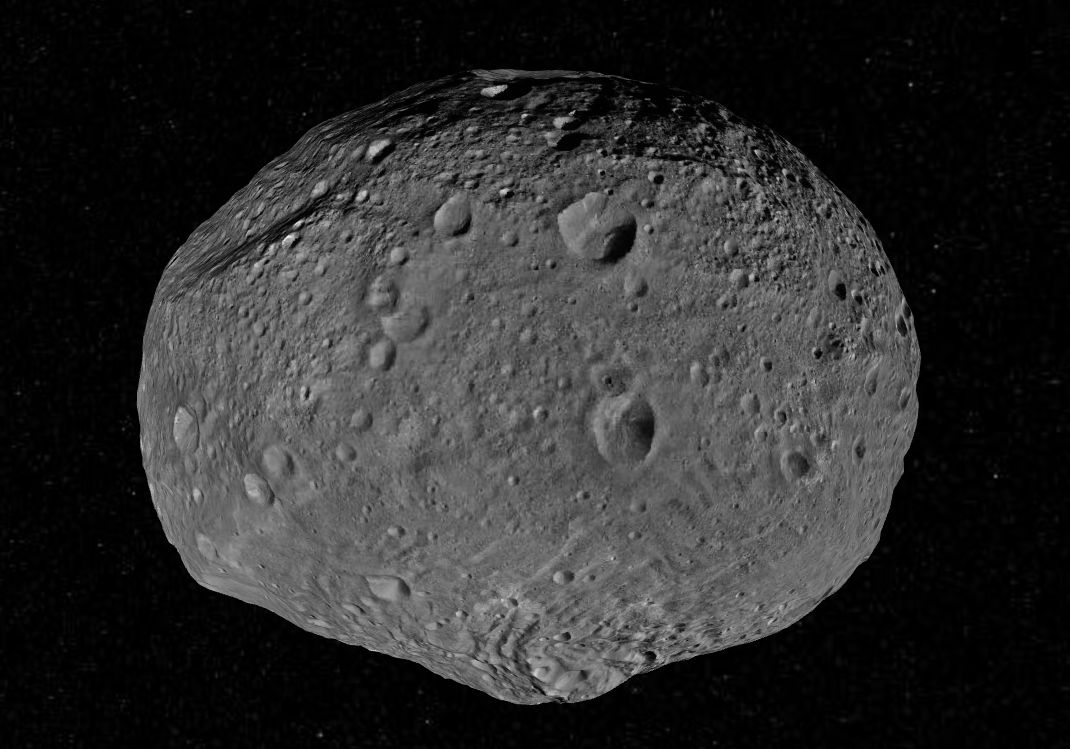 3D view of Vesta, note it is not a spherical shape
