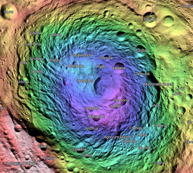 Color Hillshade representation of Vesta's South Pole